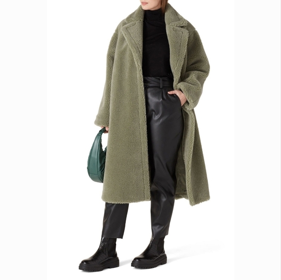 STAND STUDIO Olive Green Teddy Coat Faux FUR SHEARLING - Picture 5 of 9